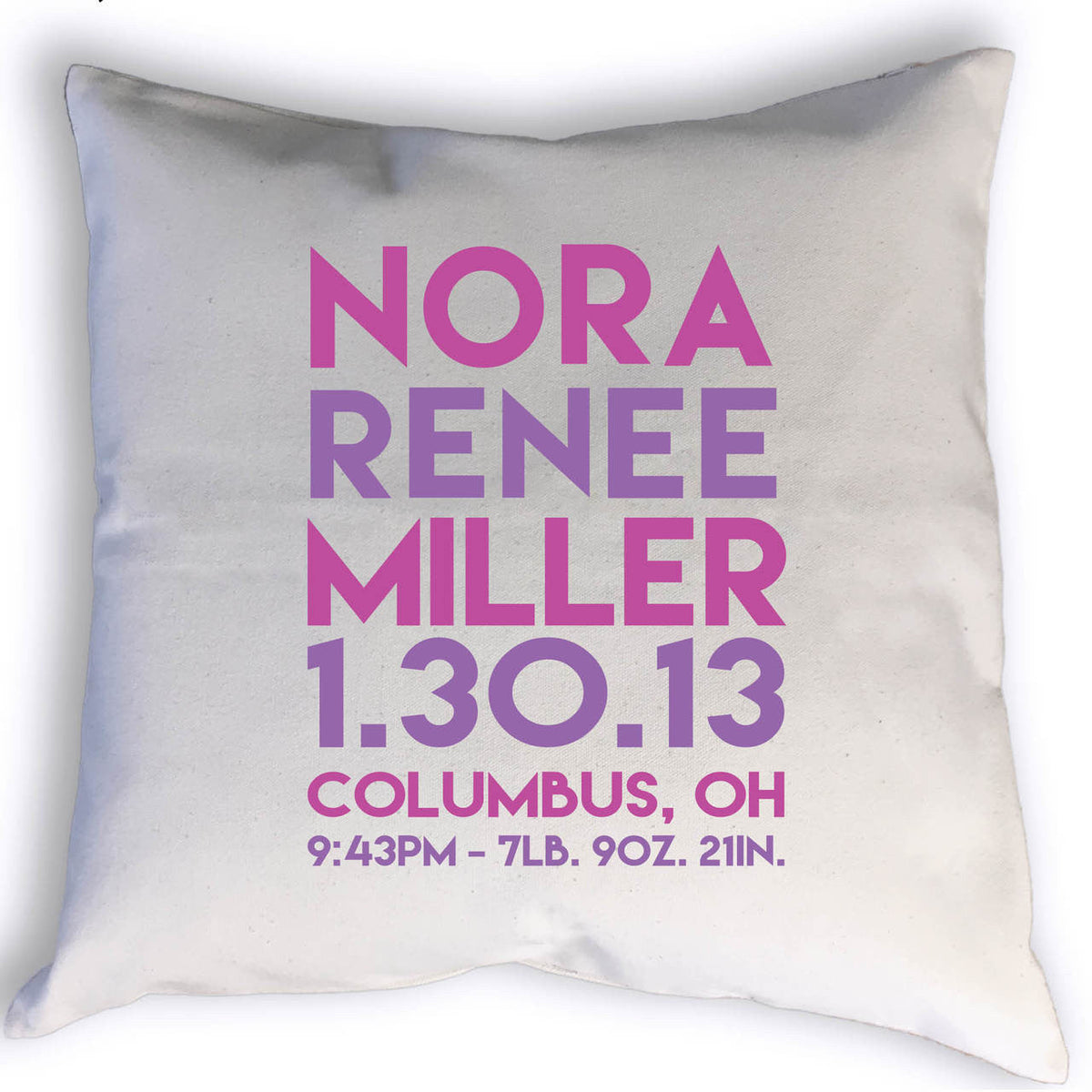 Custom Birth Stats throw pillow with name, birth date, city, state, time, weight & length. Image shows stats printed in pink and purple.