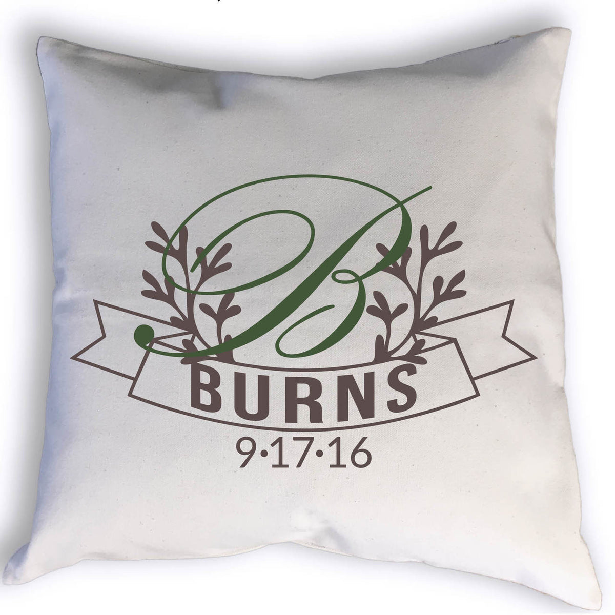 Custom wreath banner with monogram, family name and anniversary date. Select two colors to match your decor. Image shown with green monogram and chocolate brown wreath & banner.