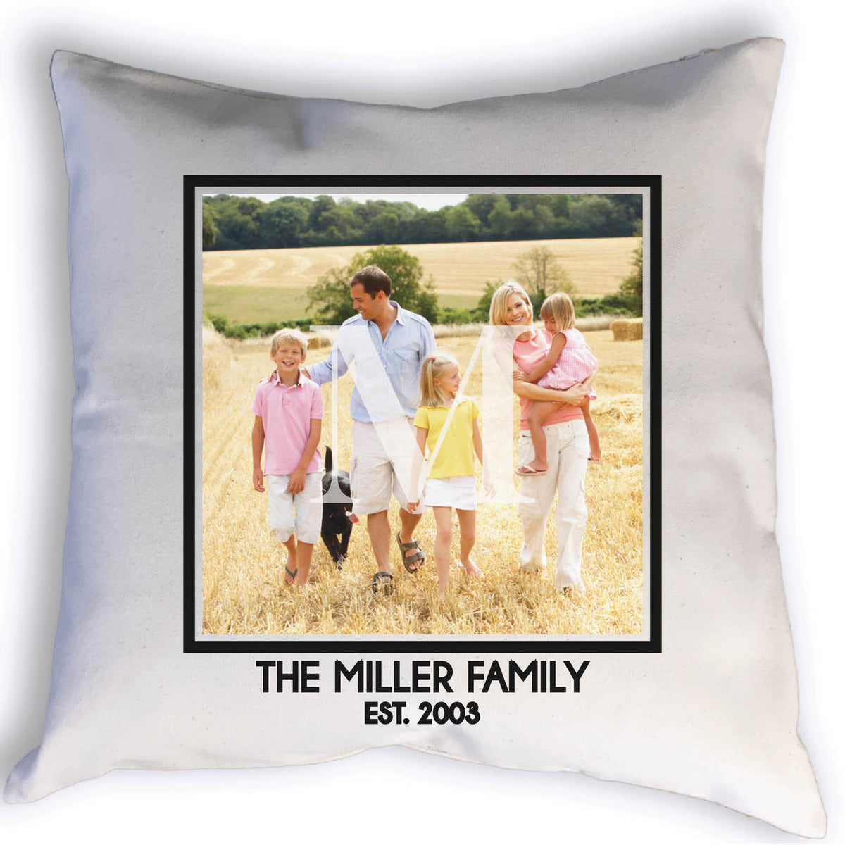 This beautiful custom family pillow with photo, your family name, monogram, and year established.