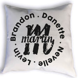 Custom pillow with monogram and the family name in the center with the first names forming a circle around it. This would make a great gift!