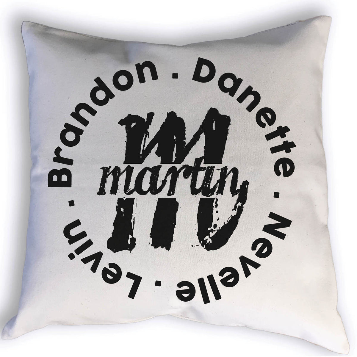 Custom pillow with monogram and the family name in the center with the first names forming a circle around it. This would make a great gift!