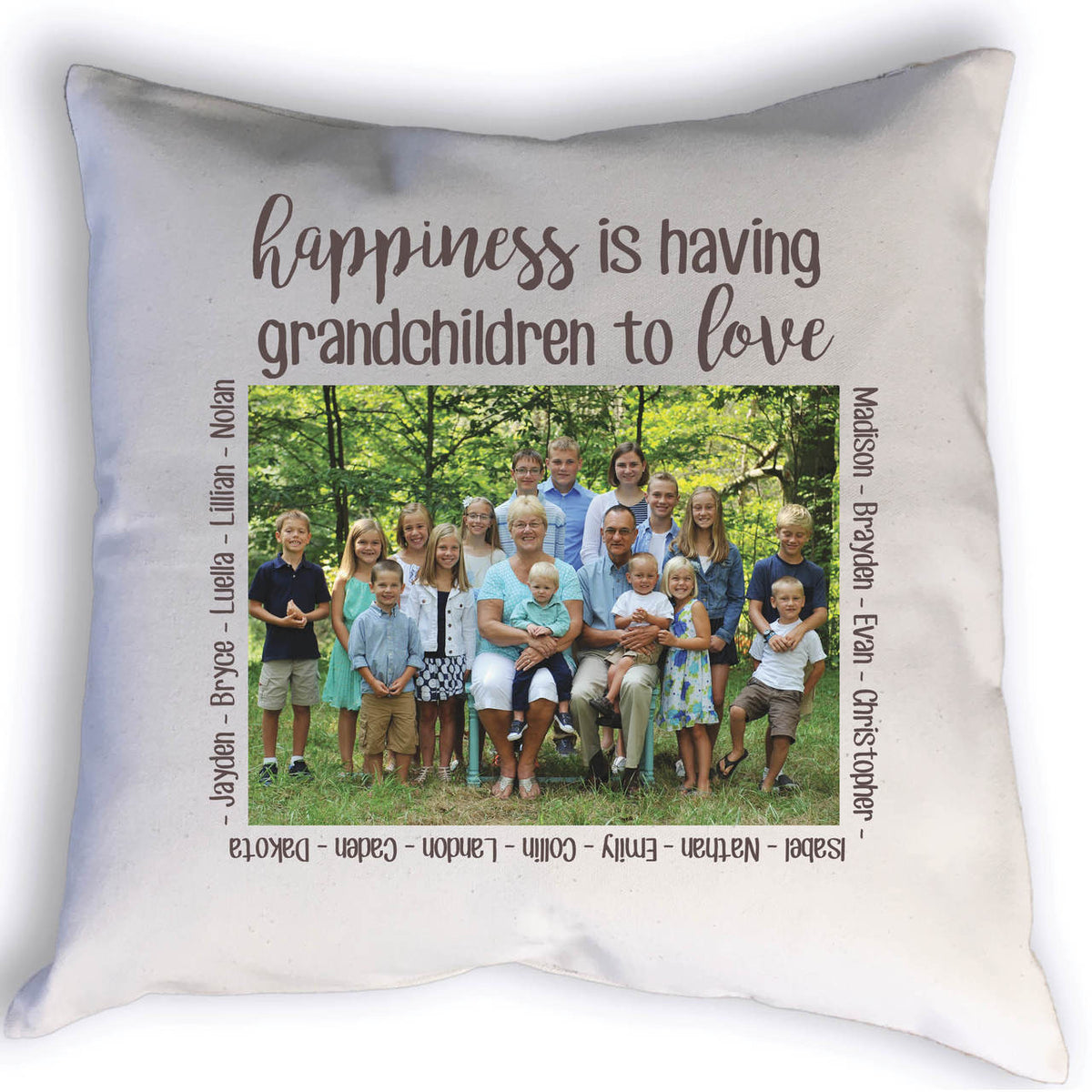 This beautiful custom pillow for grandparents is sure to be a hit. Featuring a photo and names of grandchildren customized with your photo and information.
