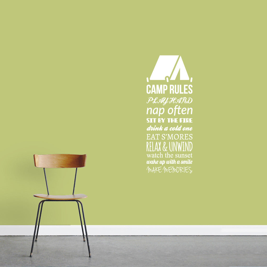 Camp Rules - Tent Wall Decals Wall Stickers 14" wide x 36" tall Sample Image