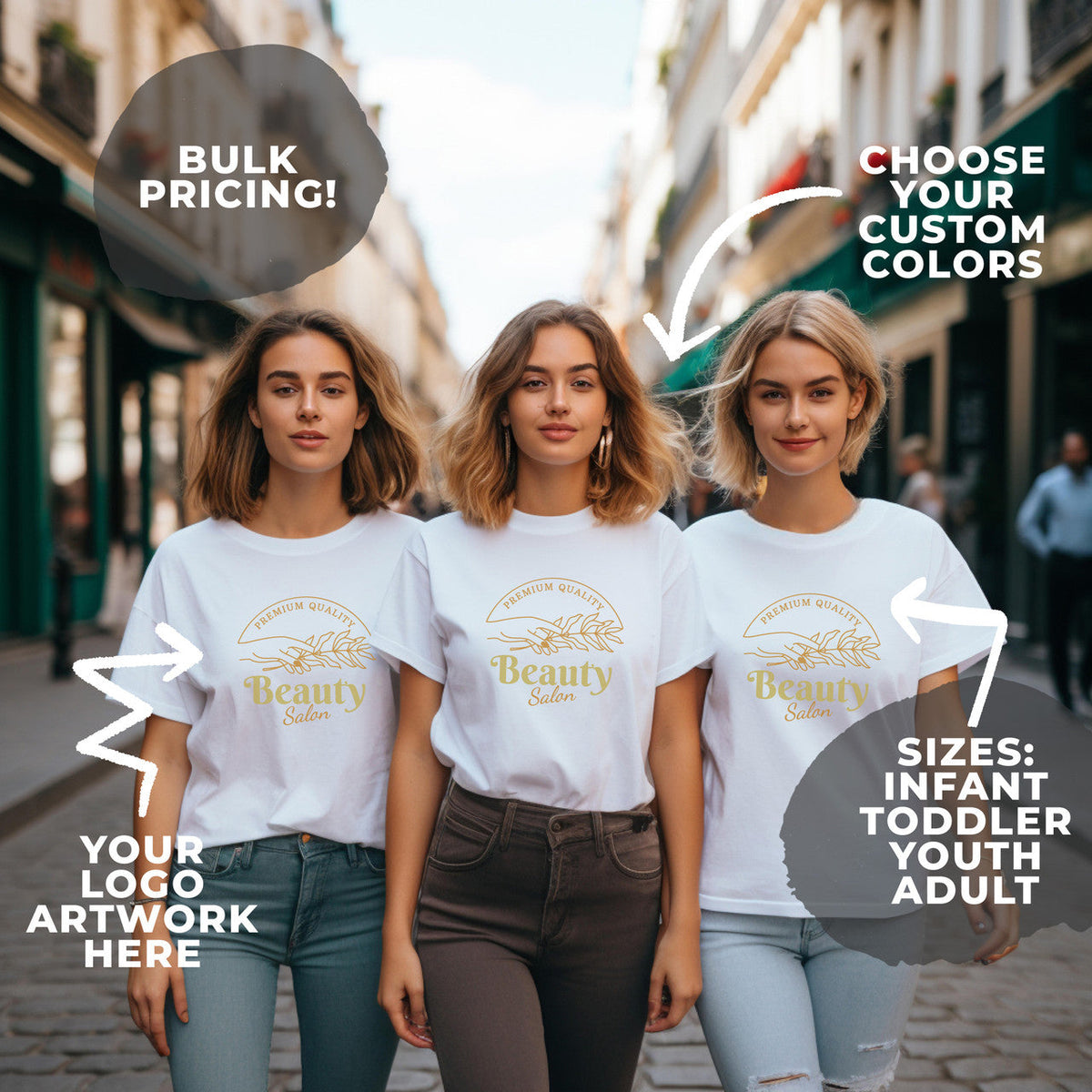 Custom Logo Artwork Basic Unisex T-Shirt - Infant / Toddler / Youth / Adult - Bulk Pricing