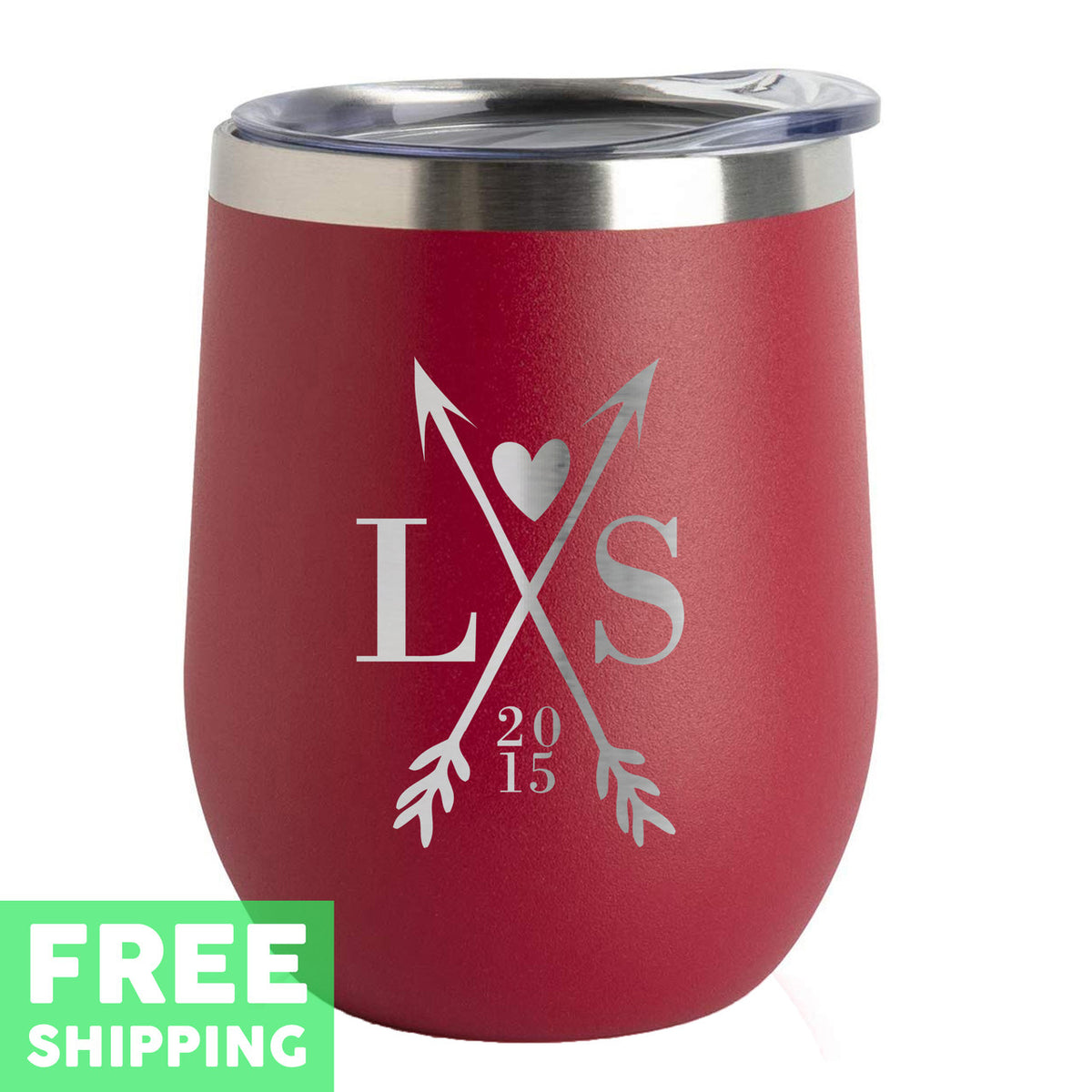 Custom Crossed Arrows With Initials Engraved 12 oz. Stainless Steel Wine Tumbler with Lid