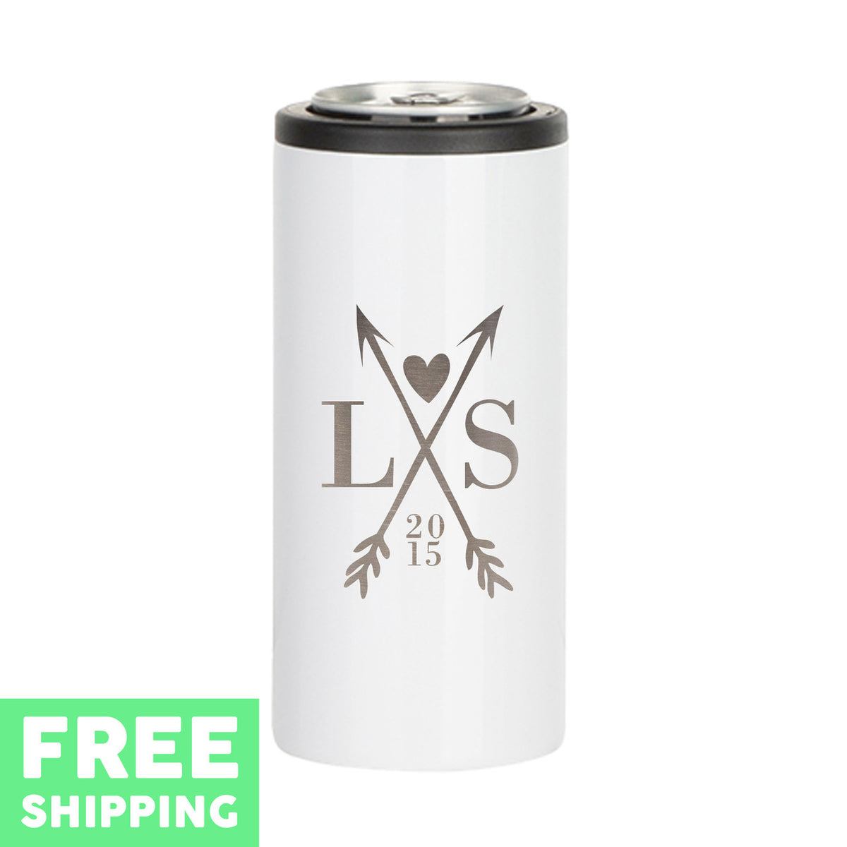 Custom Crossed Arrows With Initials Engraved 12oz. Stainless Steel Skinny Can Cooler