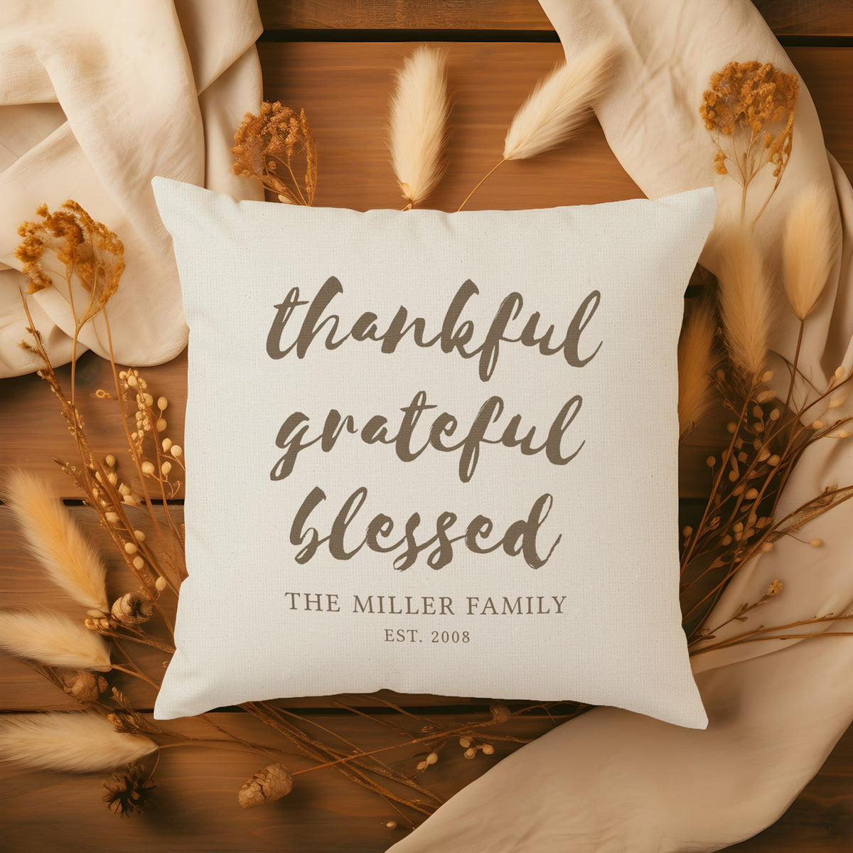 Custom Family Name Thankful Grateful Blessed Pillow
