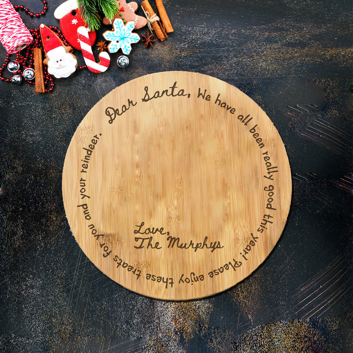 Custom Name Dear Santa Christmas Engraved Round Bamboo Cutting Board Treat Tray