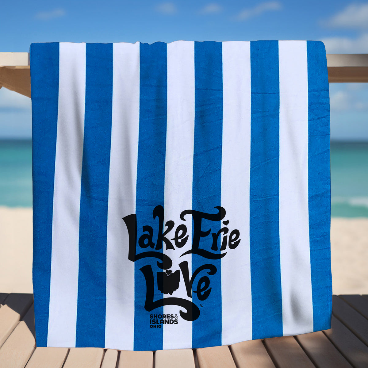 Lake Erie Love - Shores and Islands Ohio - Royal Blue Stripe Beach Towel
