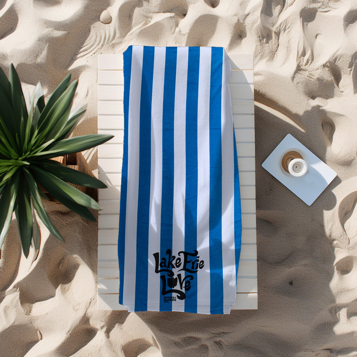 Lake Erie Love - Shores and Islands Ohio - Royal Blue Stripe Beach Towel