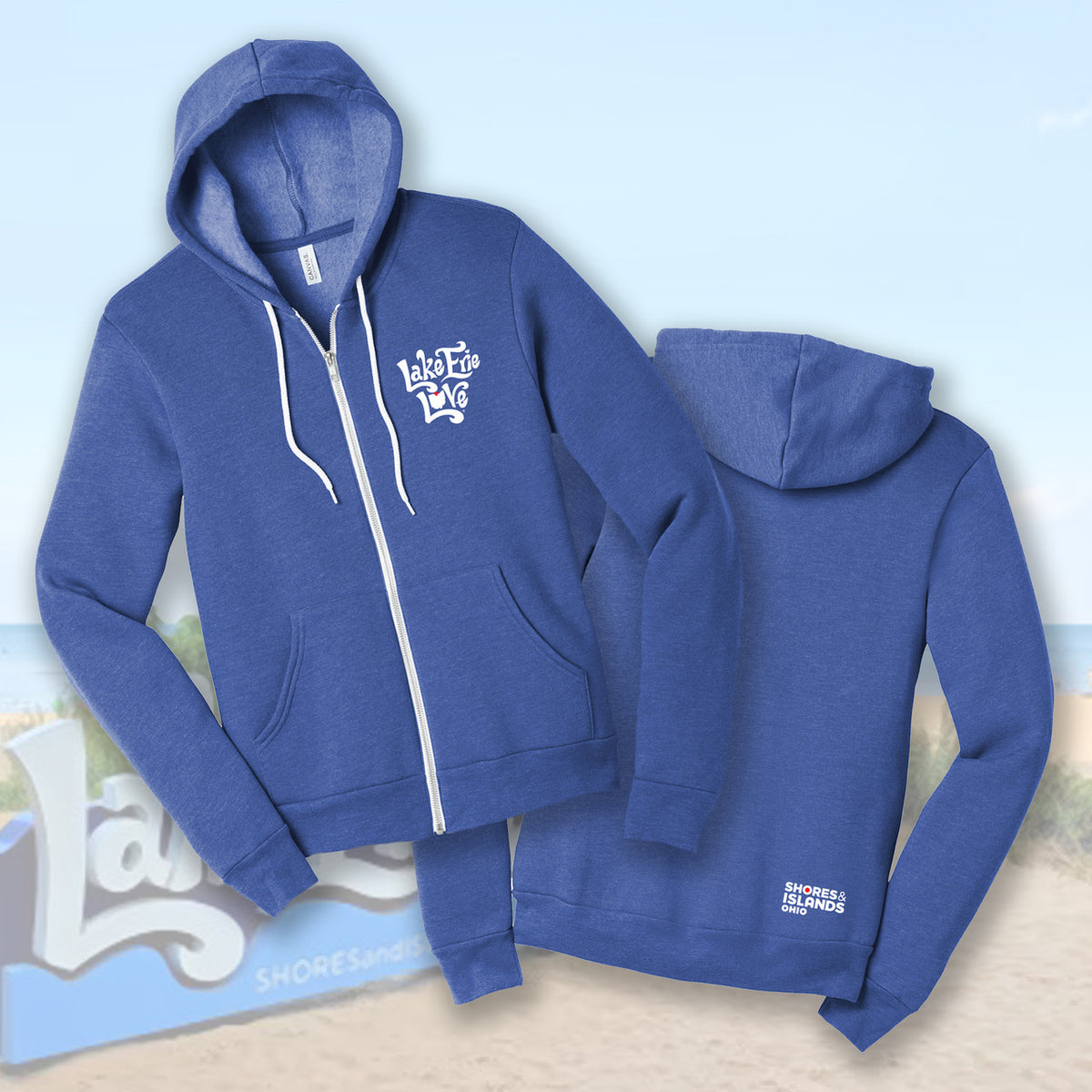 Lake Erie Love - Shores and Islands Ohio - Adult Unisex Heather True Royal Sponge Fleece Full Zip Hoodie