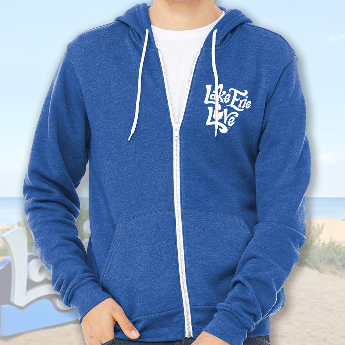 Lake Erie Love - Shores and Islands Ohio - Adult Unisex Heather True Royal Sponge Fleece Full Zip Hoodie
