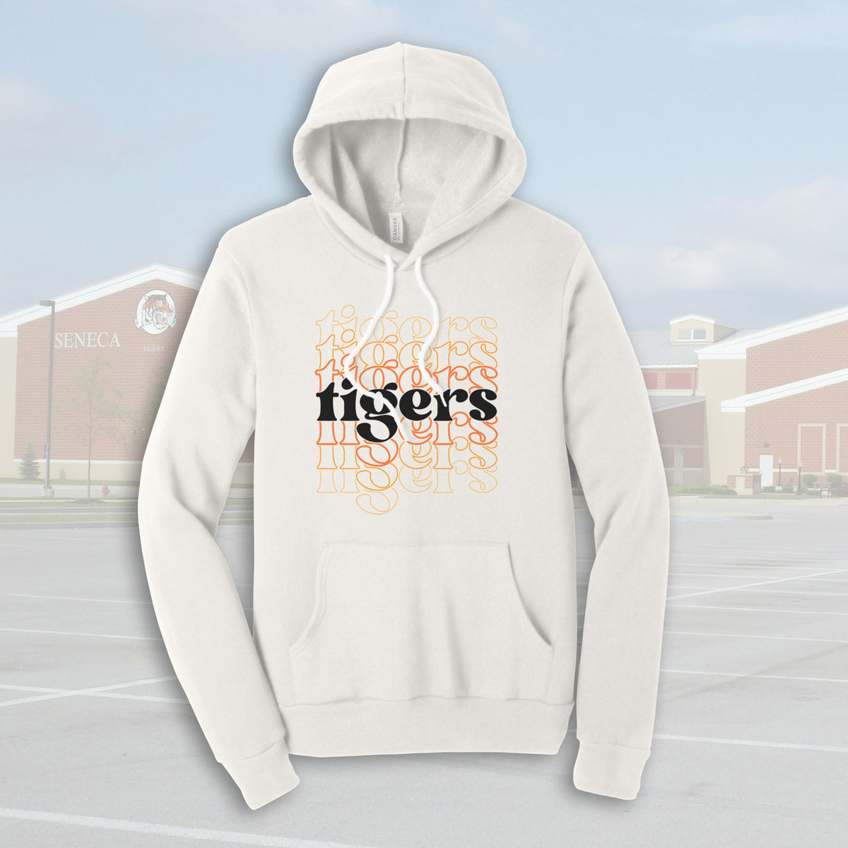 Seneca East Stacked Tigers Vintage White Adult Unisex Sponge Fleece Hoodie