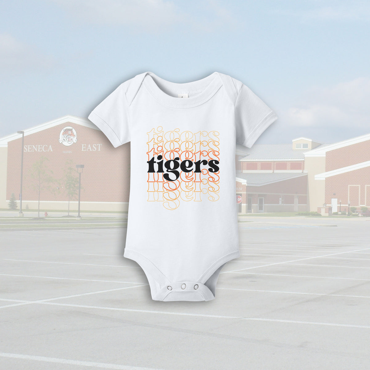 Seneca East Stacked Tigers White Infant Bodysuit