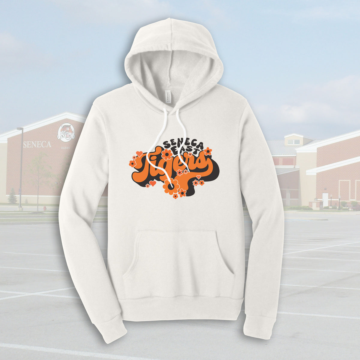 Seneca East Tigers Floral Script Vintage White Adult Unisex Sponge Fleece Hoodie