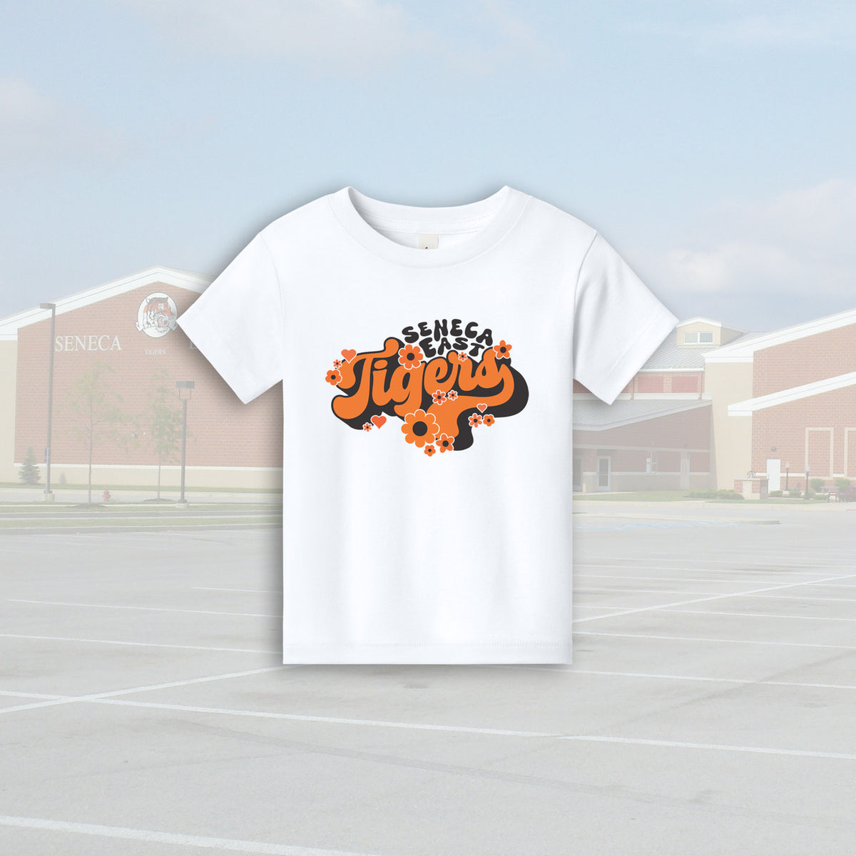 Seneca East Tigers Floral Script White Toddler Unisex T-Shirt
