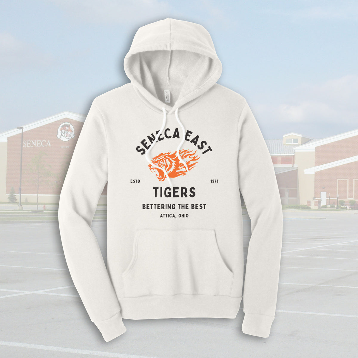 Seneca East Tigers Motto Vintage White Adult Unisex Sponge Fleece Hoodie