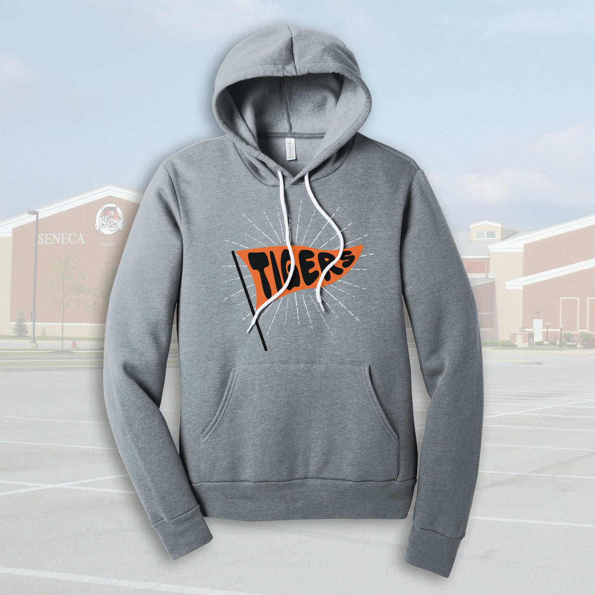 Seneca East Tigers Pennant Flag Athletic Heather Adult Unisex Sponge Fleece Hoodie