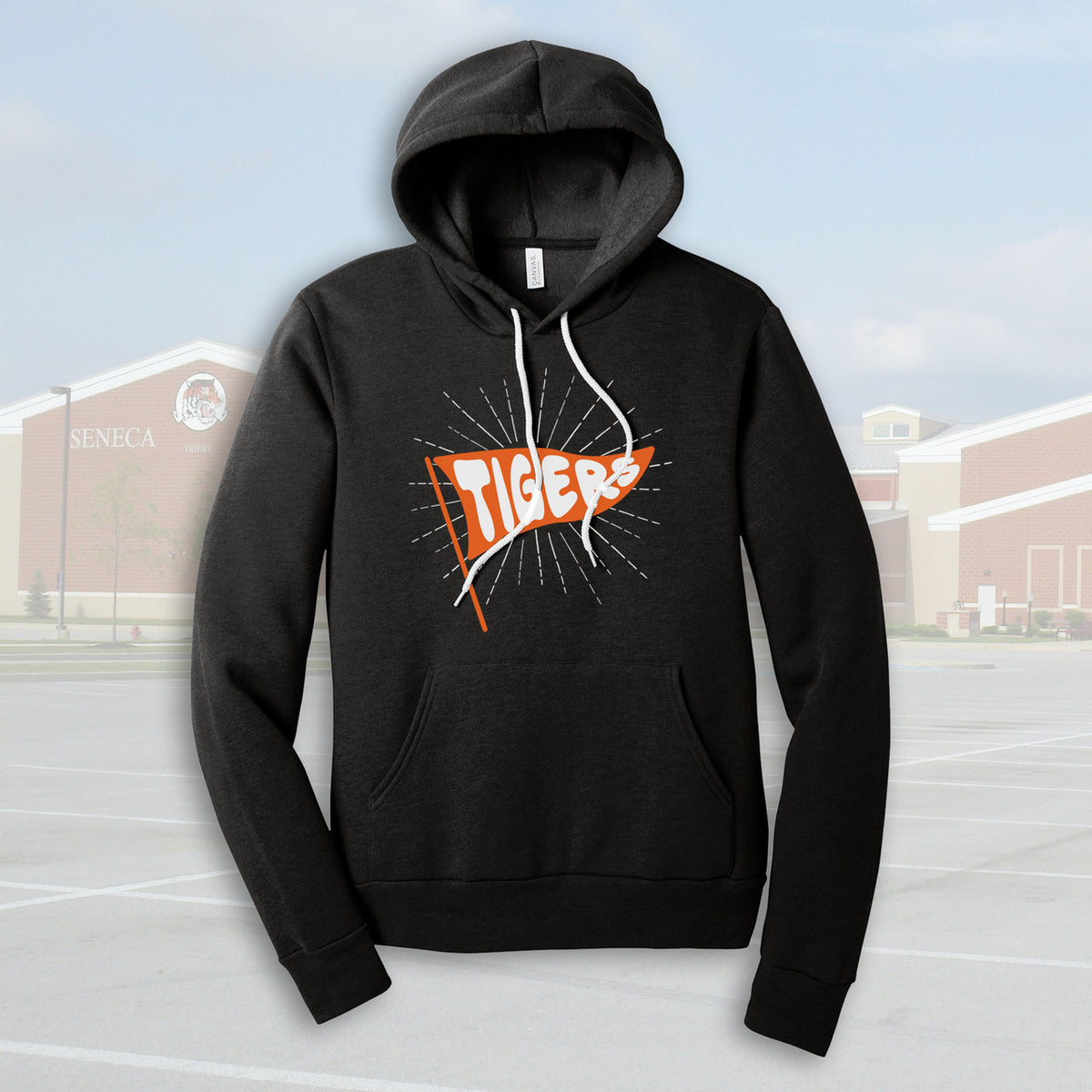 Seneca East Tigers Pennant Flag Black Heather Adult Unisex Sponge Fleece Hoodie