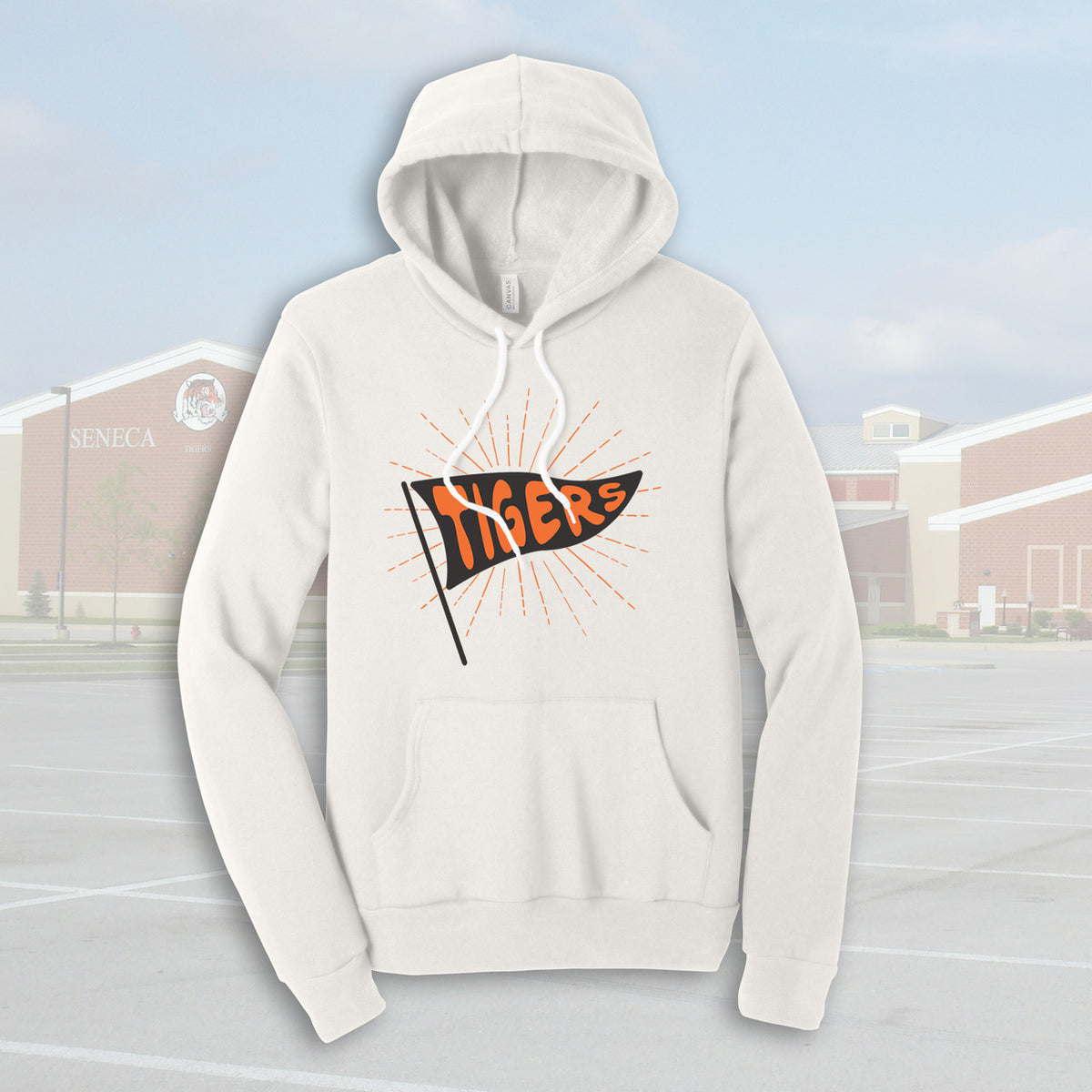 Seneca East Tigers Pennant Flag Vintage White Adult Unisex Sponge Fleece Hoodie